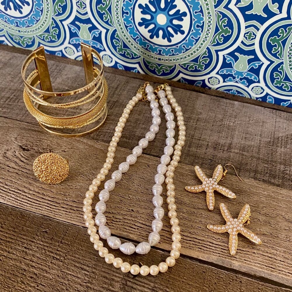 Layered Pearl Necklace Gold Starfish Earrings Gold Nugget Ring Shell Bracelet